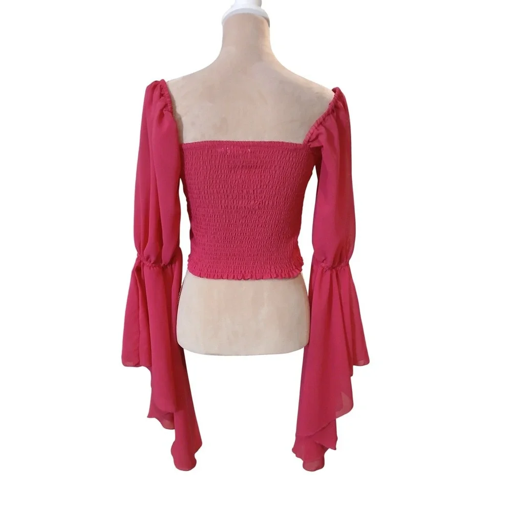 Joy & Ash Smocked Square Neck Bell Sleeve Crop Top Pink M Fairy Ethereal - Picture 4 of 10